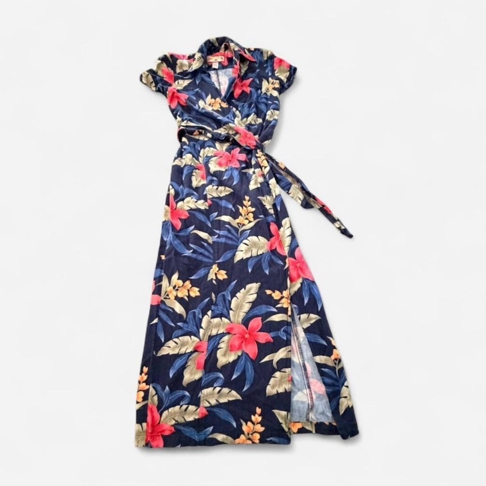 Caribbean Joe Navy Floral Wrap Dress, Hawaiian Tropical Print, Size Small - Picture 2 of 6